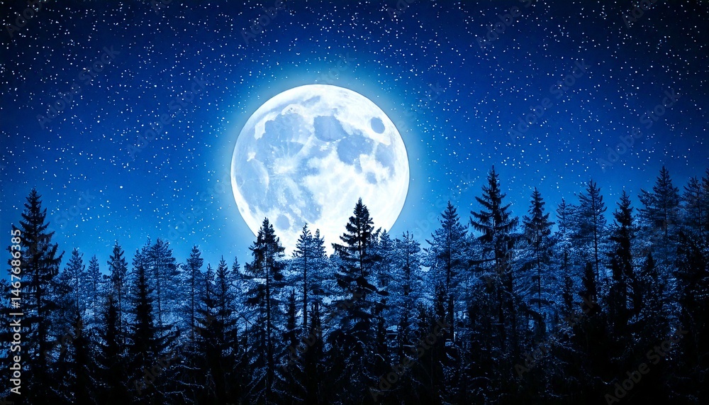 Naklejka premium Luna llena sobre un bosque silueteado por la noche