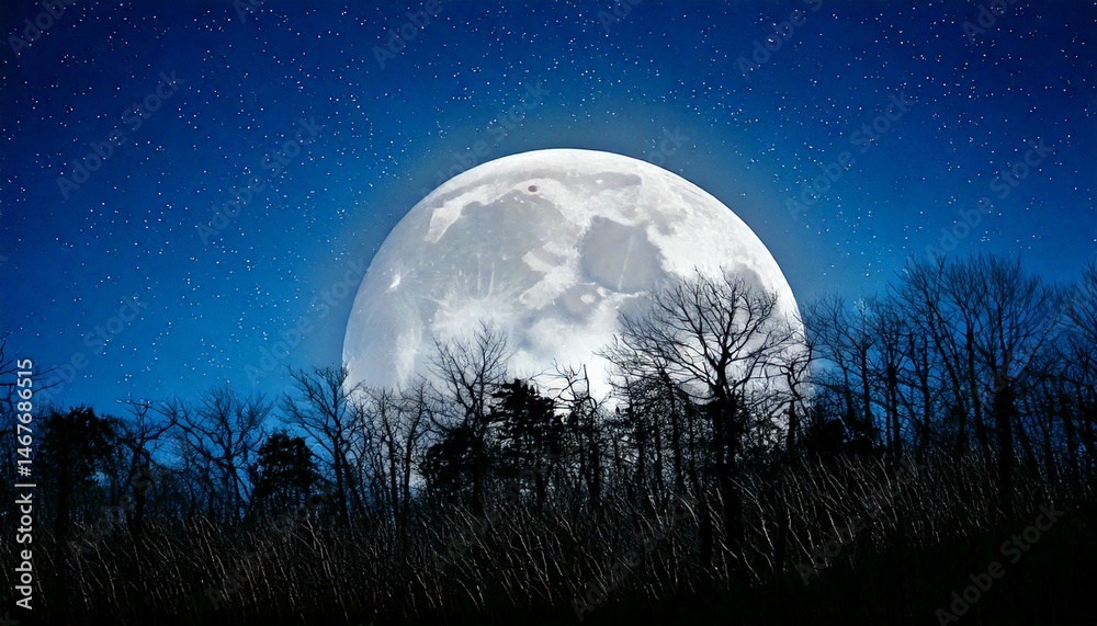 Fototapeta premium Luna llena sobre un bosque silueteado por la noche