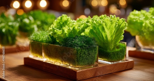 Beautiful Indoor Garden Display With Vibrant Lettuce and Herbs in Modern Glas...
