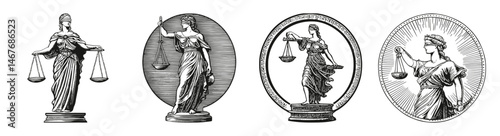 Vintage Illustrations of Lady Justice with Scales and Swords, vector illustration, engraving design, logo design set, black and white line