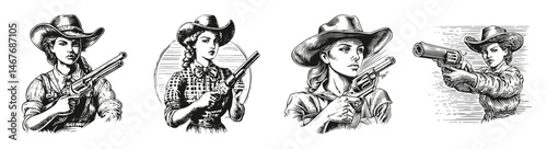 Vintage Wild West Women with Guns Illustrations in Black and White, vector illustration, engraving design, logo design set, black and white line