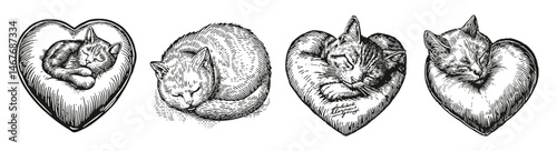 Whimsical Cat Illustrations in Heart Shapes for Pet Lovers, vector illustration, engraving design, logo design set, black and white line