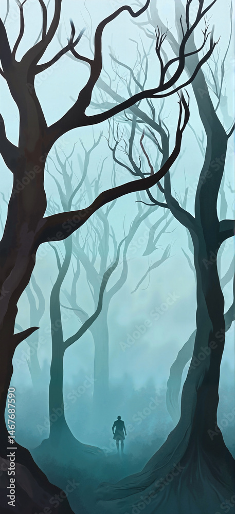 Naklejka premium Mysterious figure walking through foggy forest with bare trees 