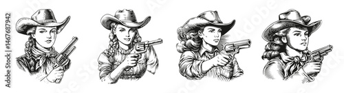 Vintage Western Cowgirls with Revolvers in Black and White Style, vector illustration, engraving design, logo design set, black and white line