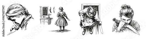 Dramatic Illustrations of Characters with Knives in Detailed Scenes, vector illustration, engraving design, logo design set, black and white line