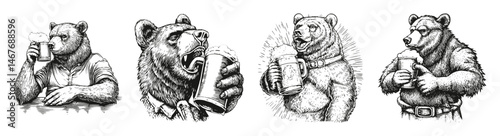 Playful Bears Enjoying Beer in Vintage Style Illustrations, vector illustration, engraving design, logo design set, black and white line