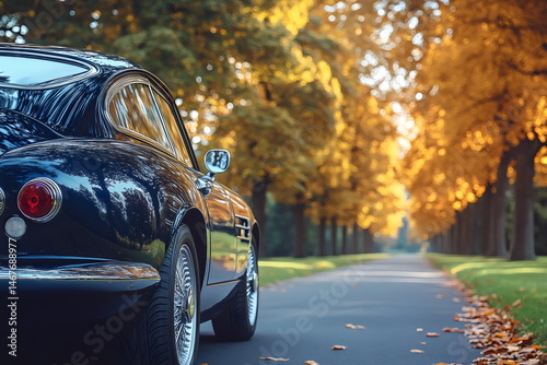 Wallpaper Mural Classic vintage car parked on a serene road lined with golden autumn trees in the evening Torontodigital.ca