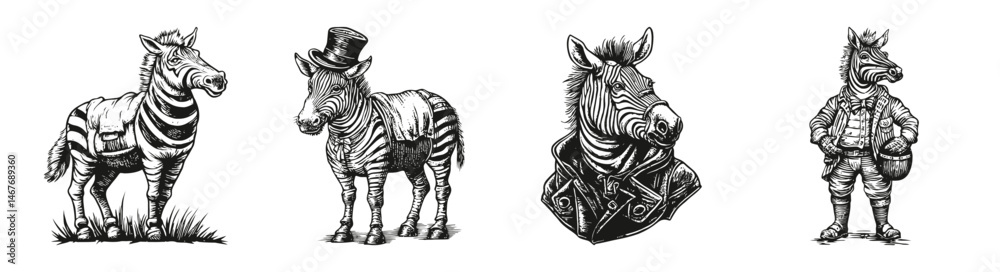 Elegant and Playful Illustrations of Stylish Zebras in Various Attires, vector illustration, engraving design, logo design set, black and white line Elegant and Playful Illustrations of Stylish Zebras in Various Attires, vector illustration, engraving design, logo design set, black and white line