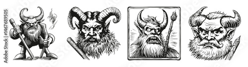 Wicked Hand-Drawn Illustration of a Menacing Horned Creature, vector illustration, engraving design, logo design set, black and white line