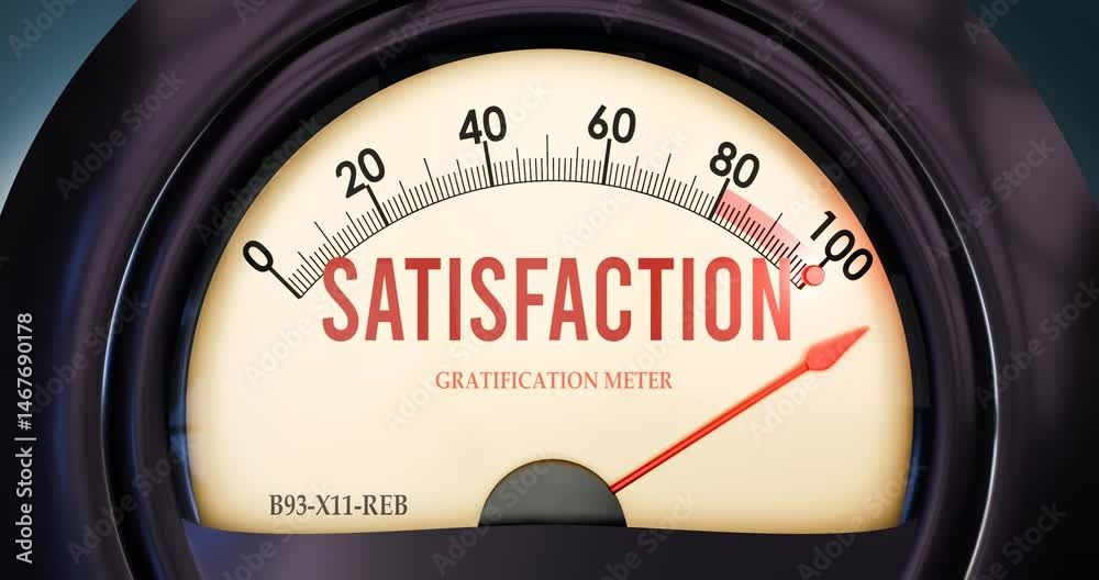 Satisfaction and Gratification Meter meter that is hitting a full scale, high level of satisfaction, overload of it, too much. Maximum value, off the charts.