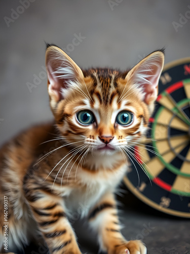cross-eyed tabby kitten next to darts