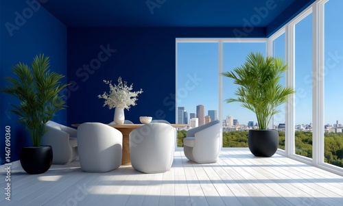 Modern Dining Area With Blue Walls and City View During Daylight