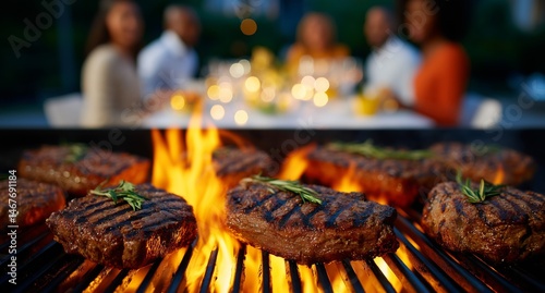 Delicious Steaks Grilling Over an Open Flame at a Summer Evening Gathering Wi...