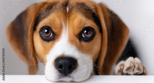 Cute Beagle Puppy Looking Directly at the Camera With Big, Expressive Eyes in...