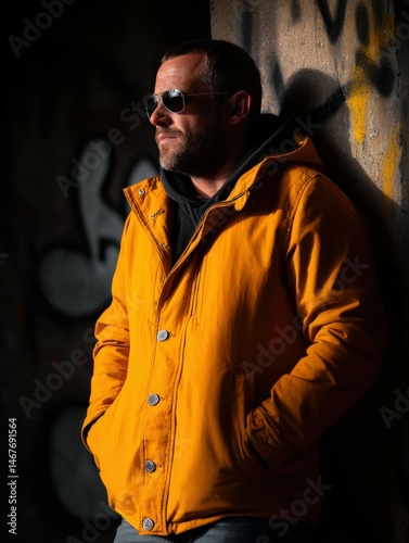 Stylish man in vibrant orange jacket poses confidently against urban backdrop