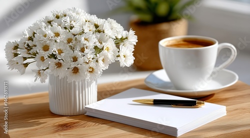 Morning Coffee With Flowers and Notebook on a Wooden Table by the Window