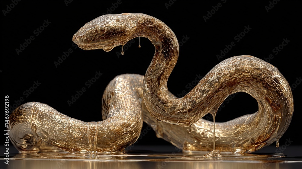 Fototapeta premium Metallic snake sculpture intertwined on a reflective surface.