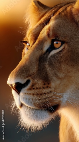 Majestic Lioness Gazing Into the Sunset Over the African Savanna Landscape