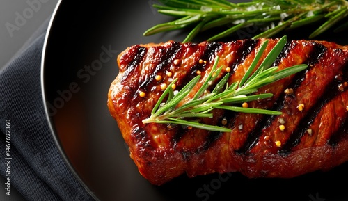 Grilled Steak Garnished With Fresh Herbs on a Black Plate