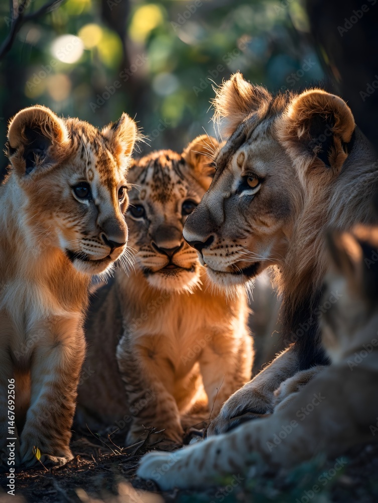 Fototapeta premium Young lions frolic among the pride, showcasing the warmth of their family
