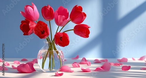 Bright Red Tulips in a Clear Vase on a Table With Rose Petals in Soft Lighting