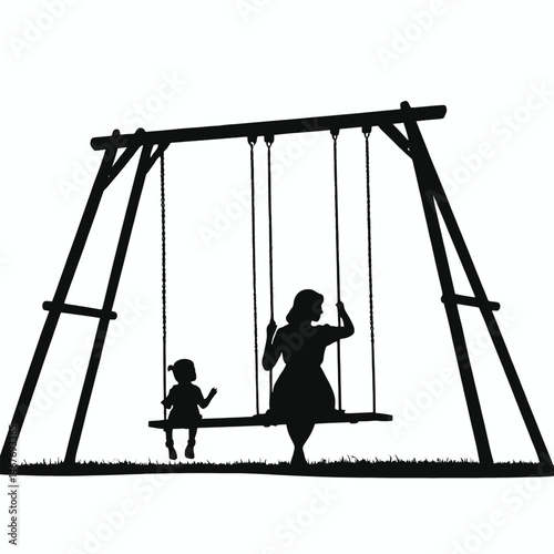 A child sitting alone on a swing, seen from the side, with the mother standing behind watching protectively. Vector silhouette style, minimalistic design, white background