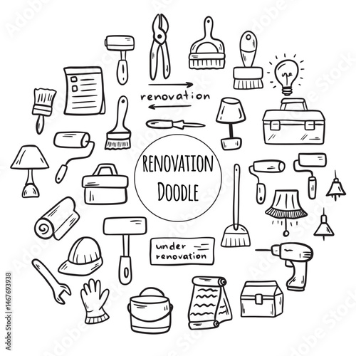 Doodle Construction tools set. Illustration of building and renovation.
