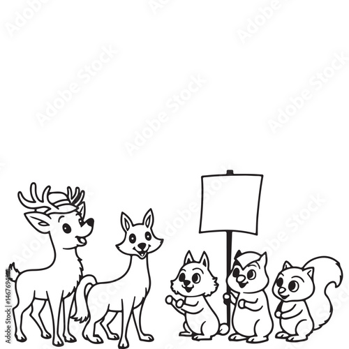 Adorable Forest Animal Protest Coloring Page: Deer, Fox, and Squirrel Holding a Sign