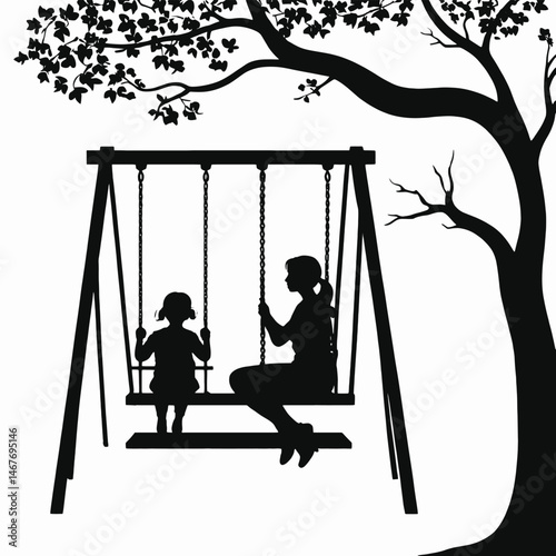 A child sitting alone on a swing, seen from the side, with the mother standing behind watching protectively. Vector silhouette style, minimalistic design, white background