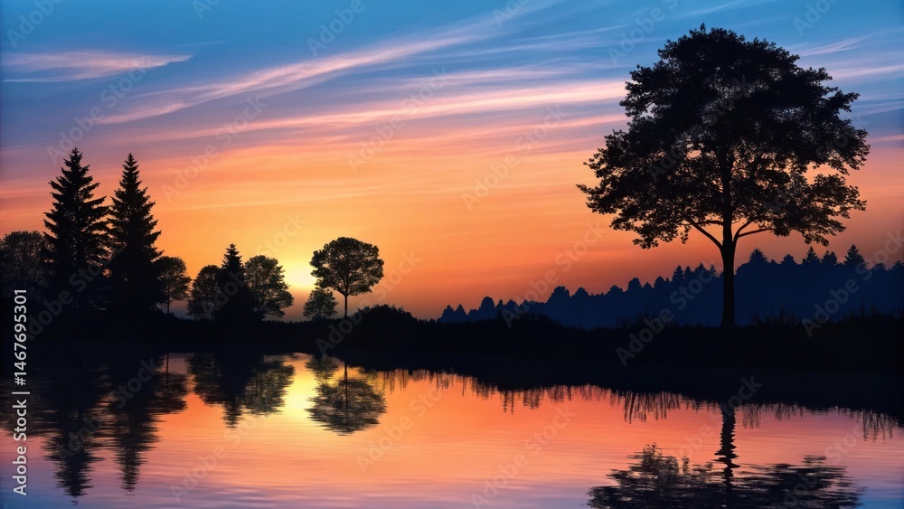 Naklejka premium Serene lake reflecting trees at colorful sunset landscape with tranquil atmosphere
