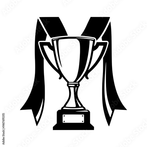 Black Trophy with Ribbon - Vector Illustration