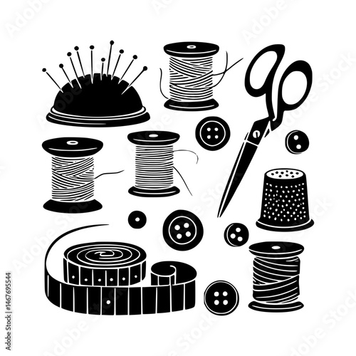 Sewing Supplies Icon Set - Black & White