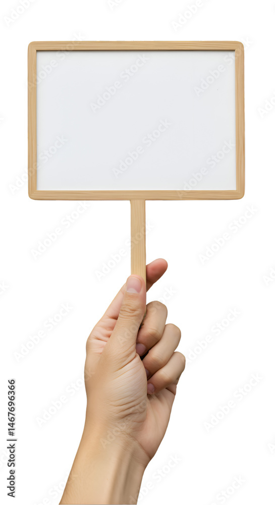 Empty Blank sign board wooden hold human hand handheld sign with a wooden frame, offering a blank canvas for creativity and customization transparent background