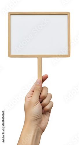 Obraz na płótnie Empty Blank sign board wooden hold human hand handheld sign with a wooden frame, offering a blank canvas for creativity and customization transparent background w salonie