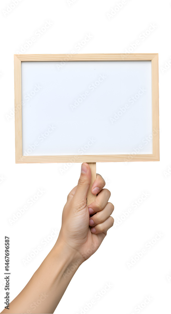 Empty Blank sign board wooden hold human hand handheld sign with a wooden frame, offering a blank canvas for creativity and customization transparent background