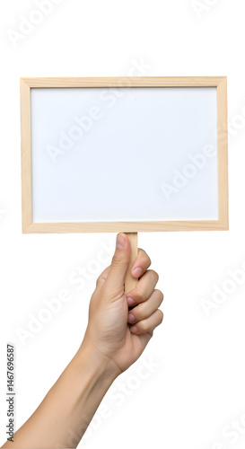 Obraz na płótnie Empty Blank sign board wooden hold human hand handheld sign with a wooden frame, offering a blank canvas for creativity and customization transparent background w salonie