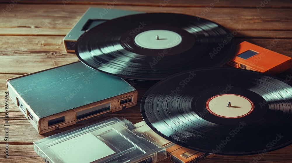 Fototapeta premium Vintage vinyl records and cassette tapes displayed.