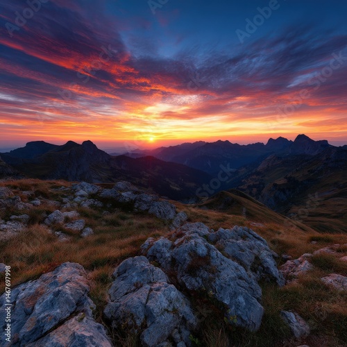 Majestic sunset over mountain peaks reveals vibrant colors in sky