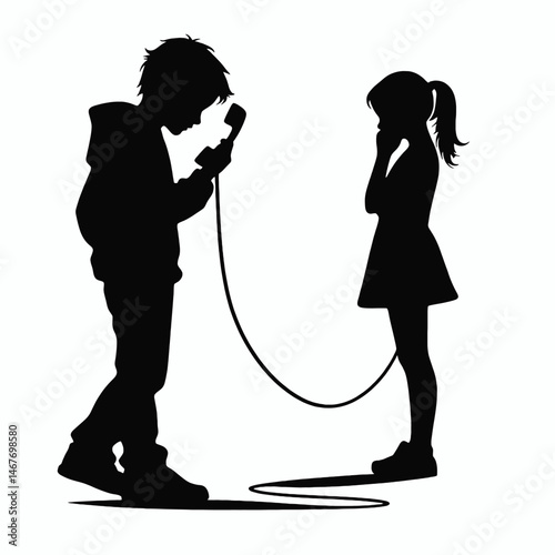  A vector-style black silhouette illustration of a boy talking on a telephone, while a girl stands silently behind him, listening. The scene is set against a pure white background