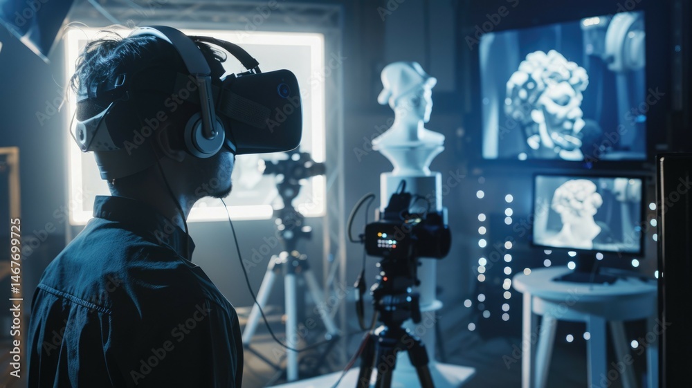 Obraz premium A VR artist in an advanced studio with an AI assistant as a digital sculpting tool providing 3D modeling suggestions. VR equipment in background. AIG60