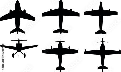 Silhouetted collection of various airplane top view designs for aviation and transportation projects