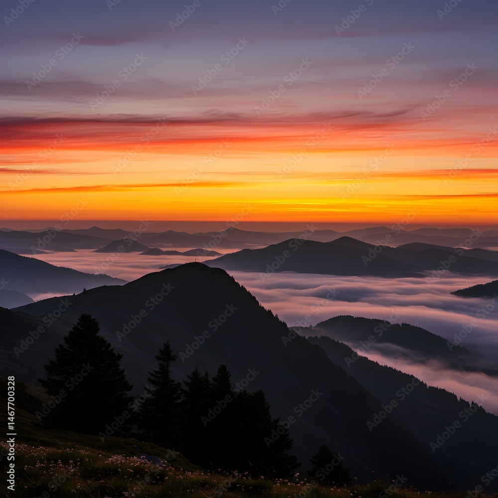 Fototapeta premium Scenic Mountain Sunrise Views. Peaceful Natural Landscapes. Morning Light at Misty Peaks