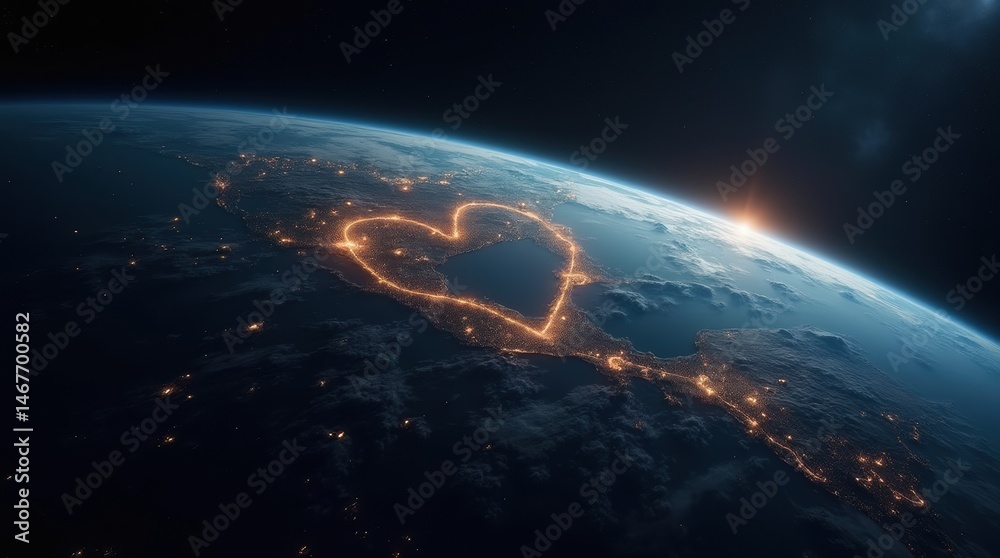 Obraz premium Earth from space with glowing sign made by city lights, stars in background. 