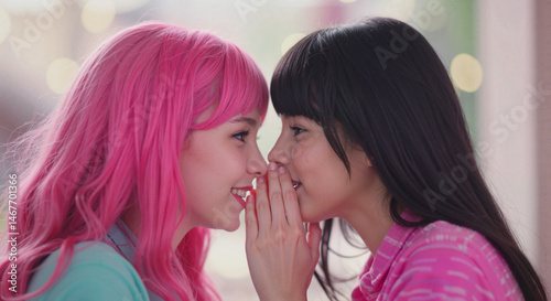 Girls whispering secrets in a colorful indoor space  