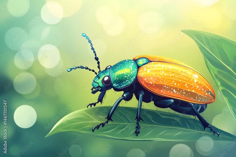 Fototapeta premium Jewel beetle shining on green leaves