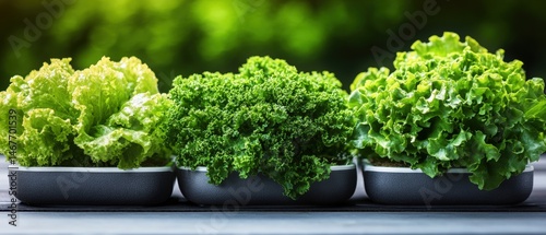 Three bowls with different kinds of fresh green lettuce are displayed on a table against a blurred green background outdoors in soft light.