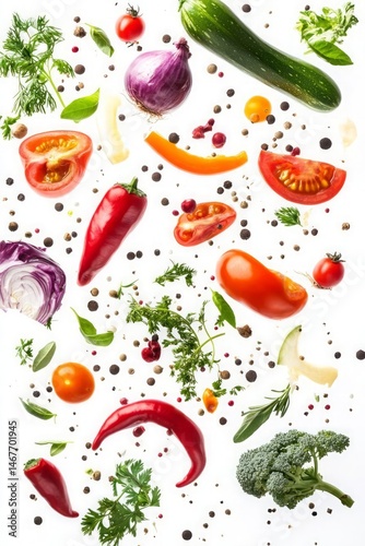 Vegetables, herbs, and peppercorns are scattered on a white background. Composition features a dynamic arrangement and bright lighting.