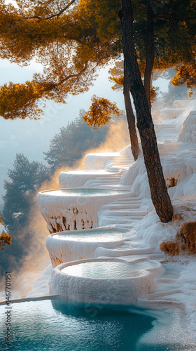 Mineral rich baby blue thermal waters flow through white travertine terraces in Pamukkale Turkey symbolizing healing purity natural wonder and peaceful escape in a serene wellness travel landscape

