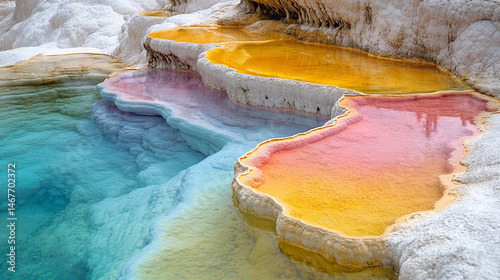 Mineral rich baby blue thermal waters flow through white travertine terraces in Pamukkale Turkey symbolizing healing purity natural wonder and peaceful escape in a serene wellness travel landscape

