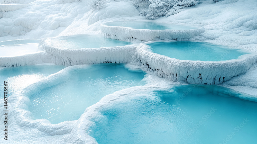 Mineral rich baby blue thermal waters flow through white travertine terraces in Pamukkale Turkey symbolizing healing purity natural wonder and peaceful escape in a serene wellness travel landscape